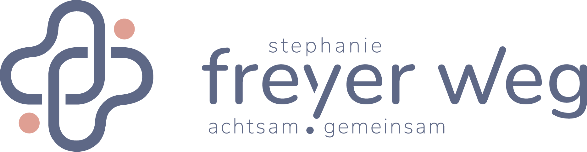 Logo von Stephanie Freyer Weg mit blauem verschlungenem Symbol, rosa Akzenten und dem Schriftzug achtsam gemeinsam